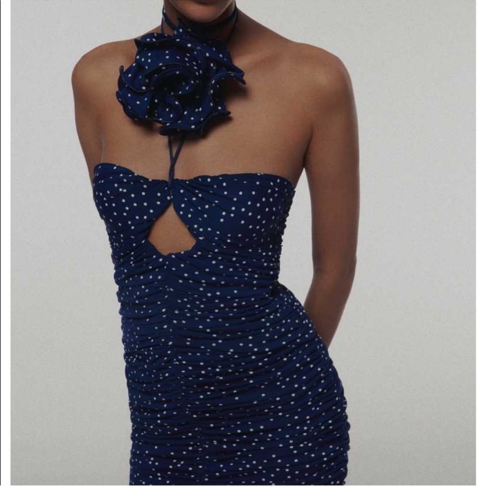 Magda Butrym Navy Polka Dot Strapless Mini Dress with Floral Neck Accent SIZE 36